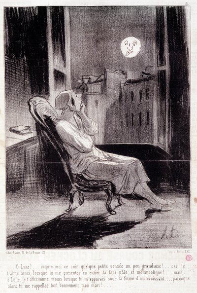 Tegnefilm om kvindelige forfattere. Serie "" Bas Bleus"": "" O! Månen inspirerer mig i aften...”” Gravering af Honore DAUMIER (1808-1879). Uddrag fra avisen "" Le Charivari"" 28. februar af Honoré Daumier