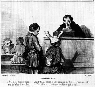 Tegnefilm af Daumier om majs og skolebørn. “” A Friend
