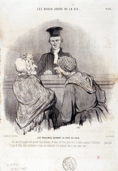 Tegneserie om naboskabsforhold: Serie "" Livets smukke dage"": "" Naboer før fredens retfærdighed..."" Indgravering af Honore DAUMIER (1808-1879). Uddrag fra avisen "" Le Charivari"" den 15. maj af Honoré Daumier