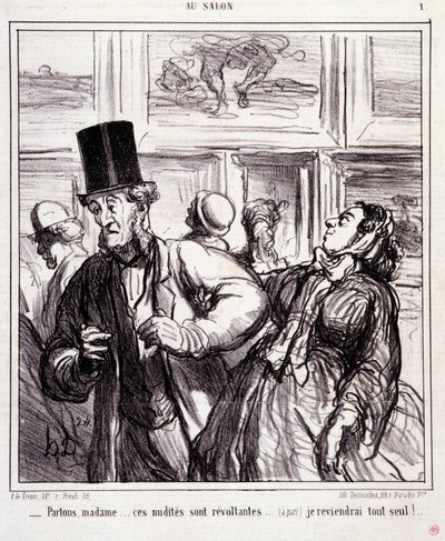 Tegneserie om kunstelskere: Serie "" Au salon"": Lad os forlade frue... disse nøgengængere er revoltanter... Jeg vender tilbage helt alene"" Gravering af Honore DAUMIER (1808-1879). Uddrag fra avisen "" Le Charivari"" den 5. maj af Honoré Daumier