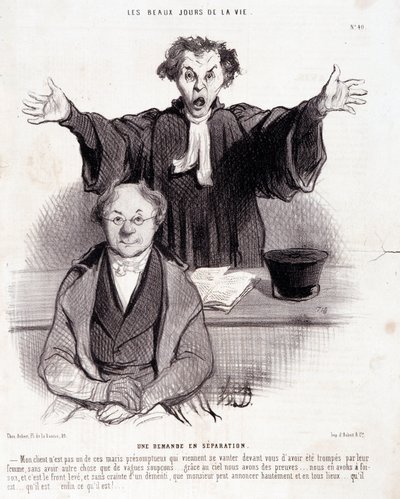 Tegnefilm om skilsmisser: Serie "" The Beautiful Days of Life"": "" En anmodning om separation..."". Gravering af Honore DAUMIER (1808-1879). Uddrag fra avisen "" Le Charivari"" 29. januar af Honoré Daumier