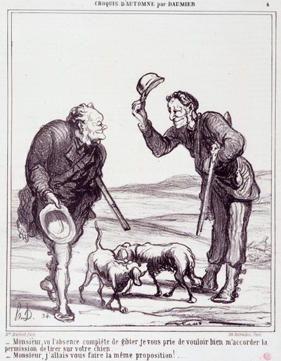 Tegneserie om jægerne: Serie "" Autumn Sketch"": "" Sir, givet det fuldstændige fravær af vildt, giv mig venligst tilladelse til at skyde din hund..."" Gravering af Honore DAUMIER (1808-1879). Uddrag fra avisen "" Le Charivari"" den 28. september af Honoré Daumier