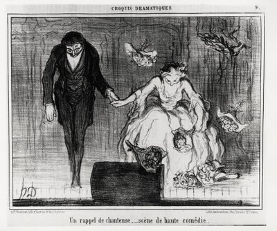 Dramatiske sketches: en påmindelse om sanger, high comedy scene. Illustration af Honore Daumier (1808-1879), udgivet i "" Charivari", dateret 9. januar af Honoré Daumier