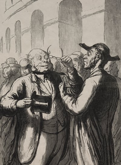 Verdensudstilling: Inspektion af fotografier ved drejekorserne. De skaldede skal tage hatten af ​​og de kortsynede deres briller. af Honoré Daumier