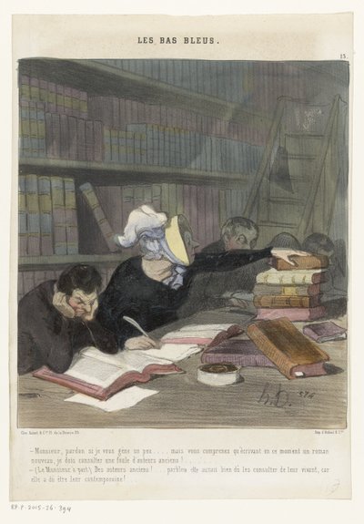 Figurer bag et læsebord i et offentligt bibliotek Les Bas Bleus (serietitel på objekt) af Honoré Daumier