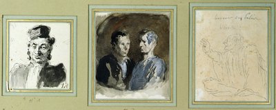 Forfra af en advokat, to tiltalte og en retssagsførende (blyant, vask, wc og blæk på papir) af Honoré Daumier