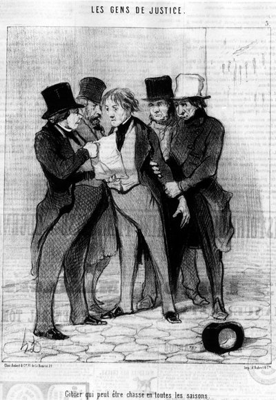 Vildt, der kan jages på alle årstider, taget fra "Gens de Justice", serie af tegnefilm om Justice af Honore Daumier (1808-1879). “Charivari” af Honoré Daumier