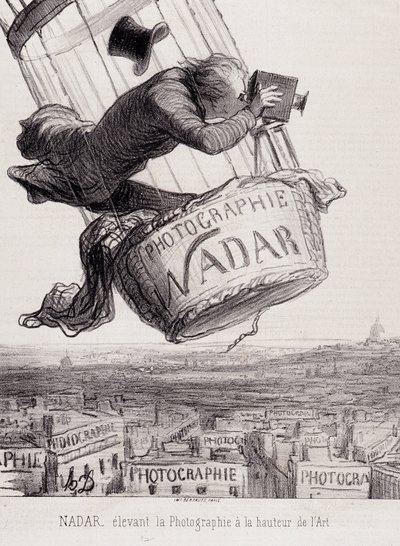 Gaspard Felix Tournachon dit Felix Nadar (1820-1910) løfter fotografiet til kunstens højdepunkt. Litografi baseret på tegning på papir. Mål: 29x41 cm. af Honoré Daumier