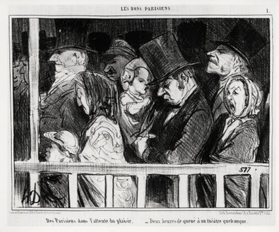 Gode parisere: Parisere venter på sjov, to timers hale har en form for teater. Illustration af Honore Daumier (1808-1879), udgivet i "" Charivari", dateret 5. marts af Honoré Daumier