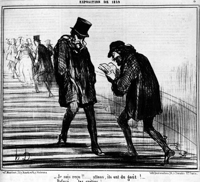 Jeg er modtaget!!... Kom nu, de smager!... - Afvis... idioter! , taget fra "" Paintings and Salons", tegneserieserie af Honore Daumier (1808-1879). “Charivari” af Honoré Daumier