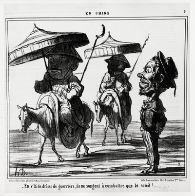 I disse sjove krigere tænker de kun på at kæmpe mod solen. I serie En Chine, illustration af Honore Daumier (1808-1879), udgivet i "" Charivari"", dateret 8. januar af Honoré Daumier