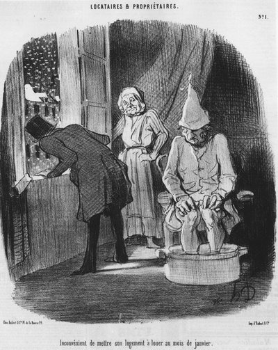 Upraktisk at sætte sin bolig til leje i januar, taget fra "" Tenants et Owners"", tegneserieserie af Honore Daumier (1808-1879). “Charivari” af Honoré Daumier