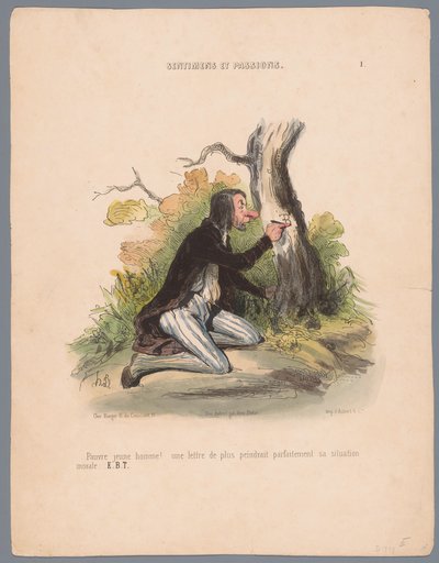 Mand udskærer initialer i træbark Pauvre jeune homme! (...) (titel på objekt) Passions and Feelings (serietitel) Sentimens et passions (serietitel på objekt) af Honoré Daumier