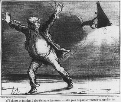 Monsieur Babient besluttede selv at gå hen og slukke for solen for ikke at få sin forudsigelse til at lyve, karikatur om Honore Daumiers komet fra 1857 (1808-1879). af Honoré Daumier