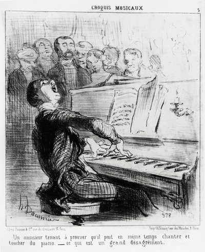 Musikalske sketcher: en herre, der gerne vil bevise, at han samtidig kan synge og røre ved klaveret, hvilket er meget skændt. Illustration af Honore Daumier (1808-1879), udgivet i "" Charivari"", dato 17. februar 1852. af Honoré Daumier