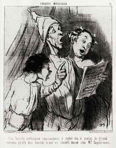 Musikalske sketches: en melomanisk familie, der om morgenen begynder at gentage den store sang, de skulle synge om aftenen ved koncerten, gav hr. Coquardeau. Illustration d