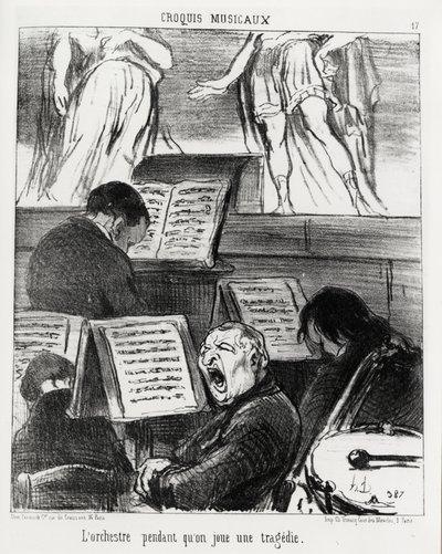 Musikalske sketcher: orkestret mens du spiller en tragedie. Illustration d