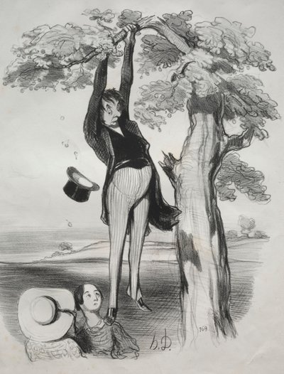 Pastorales, plade 2: Farerne ved at ryste et blommetræ for kraftigt..., 1845. af Honoré Daumier