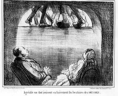 Behagelig udsigt, som udelukkende nydes af lejerne i kældrene, taget fra "" Tenants et Owners"", tegneserieserie af Honore Daumier (1808-1879). “Charivari” af Honoré Daumier