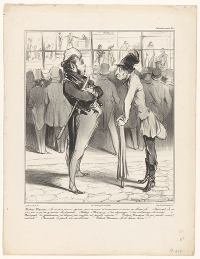 Robert-Macaire i samtale med Bertrand for vinduet i en trykkeri Caricaturana (serietitel på objekt) af Honoré Daumier