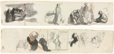 Ark med studier med en gruppe af fire figurer til højre (recto) skitser af forskellige figurer (verso) af Honoré Daumier