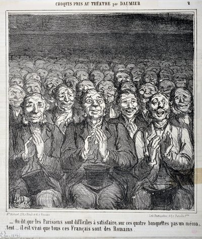 Skitse taget i teatret: “” Det siges, at parisere er vanskelige at tilfredsstille på disse fire bænke, ikke en mecontent, det er sandt, at alle disse franskmænd er romere ”” ”gravering af Honore Daumier (1808-1879) i“ ”le Charivari ””. Palais Longchamp, Mu af Honoré Daumier