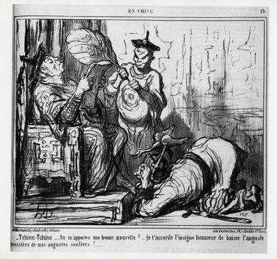 Tchinn Tchinn... Du bringer mig gode nyheder! Jeg giver dig den store ære at kysse det høje støv fra mine høje sko. I serie En Chine, illustration af Honore Daumier (1808-1879), udgivet i "" Charivari"", dateret 7. december af Honoré Daumier