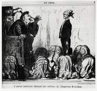 Den amerikanske udsending får audiens fra kejseren af Kina. I serie En Chine, illustration af Honore Daumier (1808-1879), udgivet i "" Charivari"", dateret 21. oktober af Honoré Daumier