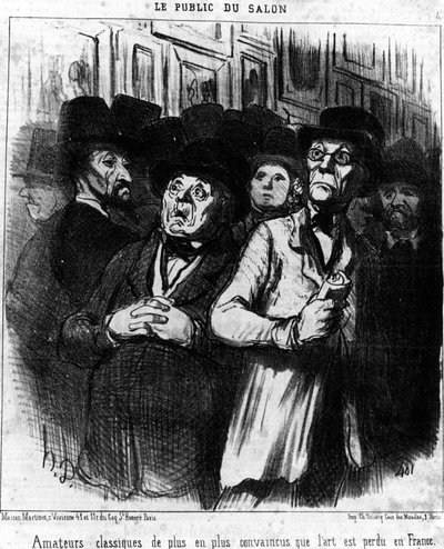 Showets publikum. Klassiske amatører overbeviste i stigende grad om, at kunst er gået tabt i Frankrig, taget fra "" Paintings and Salons", tegneserieserie af Honore Daumier (1808-1879). “Charivari” af Honoré Daumier