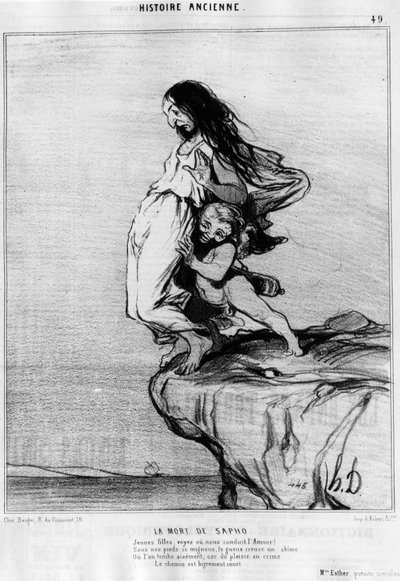 Saphos (Sappho) død. "" Unge dame, se eller led os Kærlighed! Under vores fødder så søde, gueux graver en abime, eller vi falder let; for fra fornøjelse til forbrydelse er vejen meget kort.” Serie de l
