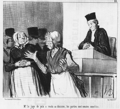 Fredsdommeren har truffet sin afgørelse, parterne formodes at være forsonet..., tegning af Honore Daumier (1808-1879). "Charivari". af Honoré Daumier