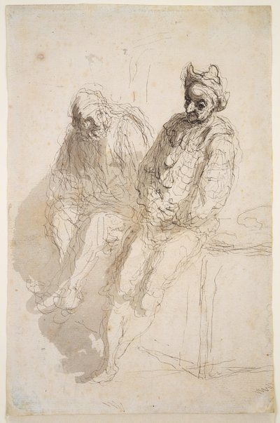 To Saltimbanques, ca. 1865-73 (sort-grå blæk, grå vaske på papir) af Honoré Daumier