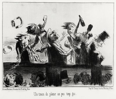 Et tog af fornøjelse lidt for homoseksuel, i serien Les Chemins de fer, illustration af Honore Daumier (1808-1879), udgivet i "Charivari", dateret 20. august 1852. af Honoré Daumier