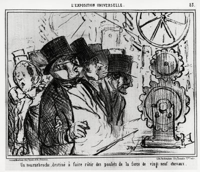 Universel udstilling: en drejeskive designet til at stege kyllinger med styrken på niogtyve heste. Illustration af Honore Daumier (1808-1879), offentliggjort i nyhederne, "" Charivari", dateret 20. juli 1855. af Honoré Daumier