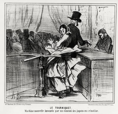 Universel udstilling: vendekorset: en ny maskine opfundet af en fjende af krinolinunderkjoler. Illustration d