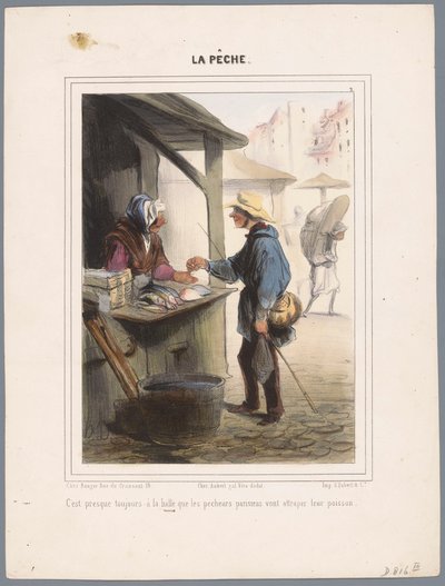Visser koopt vis in de markthal Det er næsten altid på markedet (...) (titel på objekt) Vissers (serietitel) Fiskeri (serietitel på objekt) af Honoré Daumier