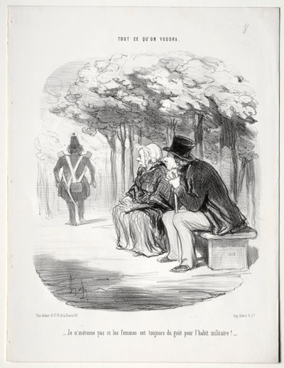 Hvad du vil, plade 51: Jeg undrer mig ikke over, at kvinder altid er glade for militæruniformen, 1848. af Honoré Daumier