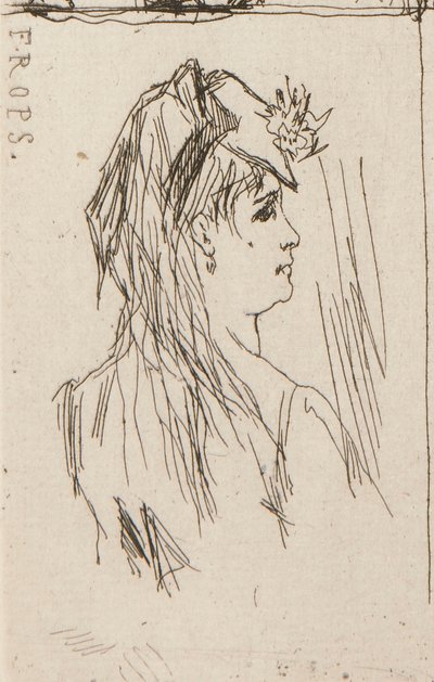 en. Head of an Old Man af Daumier (øverst til venstre); b. Chez Charles Beriot af Taiee (øverst i midten); c. Hoved af en ung kvinde af Rops (øverst til højre); d. Flodlandskab ved Harpignies (nederst i midten); e. Profil af en ung kvinde af Honoré Daumier