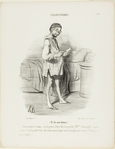 (Han læser et brev) "En date, kunne det være fra den søde Mme Giraud Ja, men det kunne også være fra hendes mand, som gerne vil knibe mig...", plade 8 fra Coquetterie af Honoré Victorin Daumier