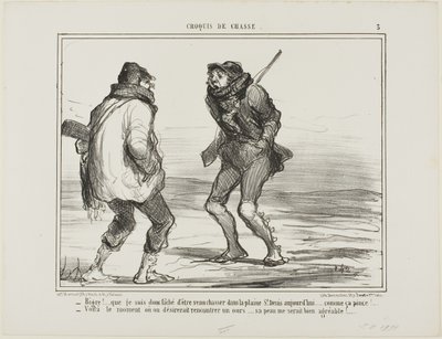 "- Brrrr! Jeg er rasende over, at jeg kom her for at jage på St. Denis-sletten. Det er bare for koldt!... - En af de dage, hvor man ville elske at fange en bjørn. Hans pels ville være mere end velkommen lige nu!", plade 3 fra Croquis De Chasse af Honoré Victorin Daumier