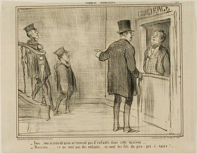 "- Men du fortalte mig, at børn ikke er tilladt i dette hus... - Sir, det er ikke børn... det er ejerens sønner!...," plade 23 fra Croquis Parisiens, - par Daumier af Honoré Victorin Daumier