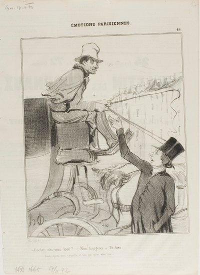 "- Kusk, er du booket - Nej, borger. - Nå, men så..: "vil du hellere acceptere at blive rådgivet end at blive lejet ud"," plade 49 fra Émotions Parisiennes af Honoré Victorin Daumier