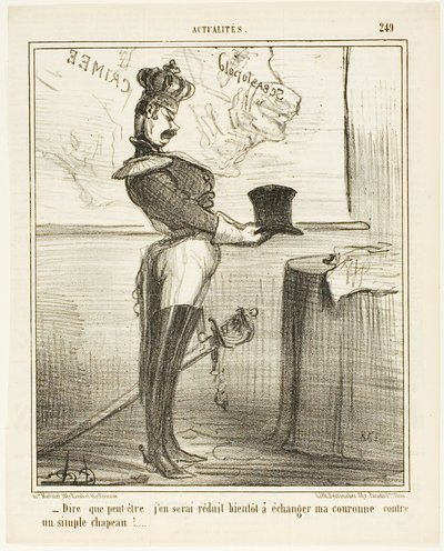 "- Det er svært at forestille sig, at jeg en dag måske skal bytte min krone ud med en simpel hat," plade 249 fra Actualités af Honoré Victorin Daumier