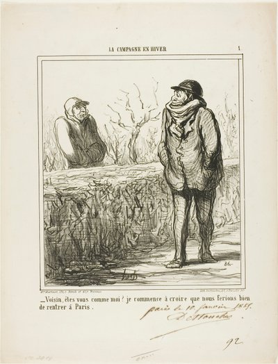 "- Hej, nabo, er du ligesom mig Jeg begynder at tro, at vi ville have godt af at vende tilbage til Paris," planche 1 fra La Campagne En Hiver af Honoré Victorin Daumier