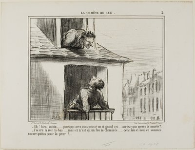 "- Goddag, nabo ... hvad var det for noget råberi ... så du kometen - Jeg troede, jeg havde set den derovre ... men så var det bare ilden fra en skorsten ... denne gang slap vi kun med en forskrækkelse," planche 3 fra La Cométe De 1857 af Honoré Victorin Daumier