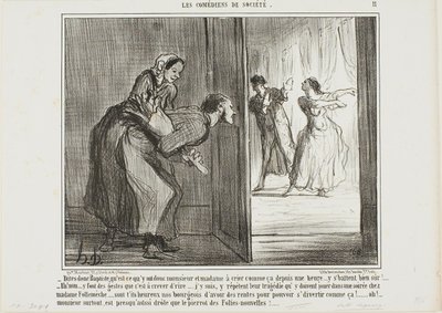 "- Hej, Baptiste, hvad er det, de to har råbt den sidste time ... Jeg er sikker på, at de skændes! - Åh nej, de laver sådan nogle sjove bevægelser, det er hylende morsomt ... Jeg har det: De øver sig på en tragedie, som de vil opføre til Madame Follemèches af Honoré Victorin Daumier