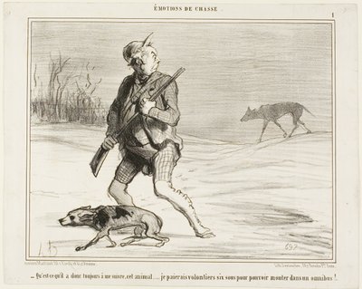 "- Jeg undrer mig over, hvorfor dette bæst følger efter mig hele tiden... Jeg betaler gerne 6 sous for at hoppe på en bus," plade 1 fra Émotions De Chasse af Honoré Victorin Daumier