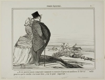 "- Jeg kommer aldrig til at forstå, hvordan disse øvelser skal forbedre en hests tilstand.... det eneste, der virkelig tæller, er, at rytteren har det godt," plade 1 fra Croquis Équestres af Honoré Victorin Daumier