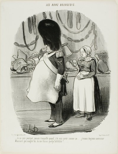"- Jeg er aldrig rolig, når jeg ser dig gå ud på denne måde... Jeg er altid bange, Monsieur Moussard, for at De er vantro," plade 67 fra Les Bons Bourgeois af Honoré Victorin Daumier