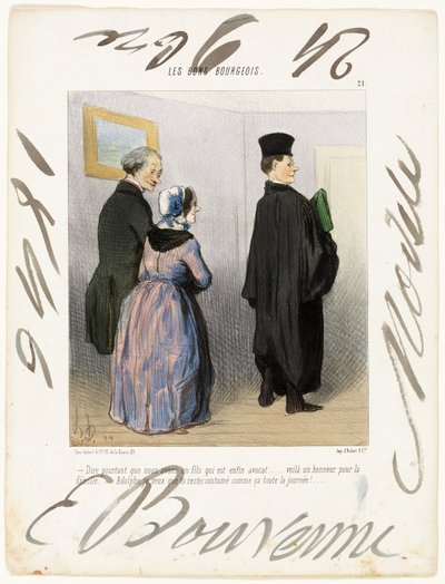 "- Er det ikke vidunderligt at have en søn, der er advokat ... hvilken ære for familien ... Adolph, jeg vil have, at du skal være klædt sådan hele dagen!...," plade 21 fra Les Bons Bourgeois af Honoré Victorin Daumier